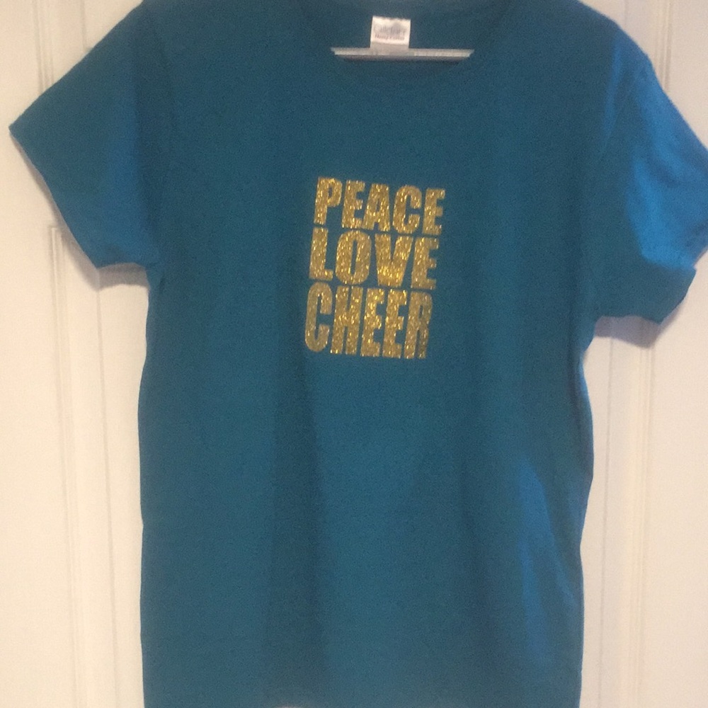 Women’s original tee.  “Peace. Love. Cheer.